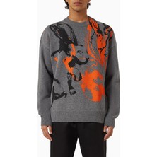 MSGM Boya Sıçrama Baskılı Örgü Kazak, Çok Renkli, Yuvarlak Yaka ve Yivli Süslemeli