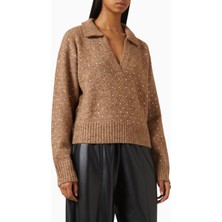 Pinko Nibani Rhinestone Sweater Lüks, Taş Işlemeli Kahverengi Yün Triko