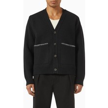 Maniere De Voir Whipstitch Cardigan, Siyah Penye Pamuk, V Yakalı, Ön Düğmeli ve Dikiş Detaylı