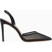 Rada 100 Siyah File Kristal Taşlı, Slingback Stiletto Topuklu Ayakkabı, Şık ve Zarif