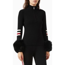 Izaak Azanei Ski Striped Zip-Up Sweater, Kırmızı Şık ve Lüks Kadın Kürk Detaylı Kazak