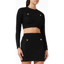 Elisabetta Franchi Payet Işlemeli, Jewel Düğmeli Kısa Triko Kazak