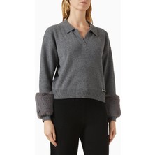 Izaak Azanei Faux Cuff Polo Sweater, Gri Şık ve Lüks Kadın Yün-Kaşmir Kazak