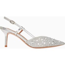 Varese 70 Metalik Deri Slingback Topuklu Ayakkabı, Kristal Işlemeli Gümüş