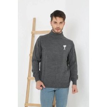 Demir Grup cc Unisex Yarım Boğazlı Baskılı Dokuma Triko - Füme