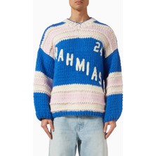 Nahmias Yün Örgülü Hokey Kazak, Mavi & Pembe, El Dikişli Detaylar ve Merino Yünü ile