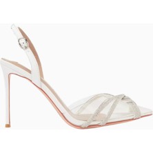 Angelica 95 Crystal Slingback Pumps, Beyaz Pvc-Deri, 95MM Topuk, El Işçiliği Lüks Tasarım