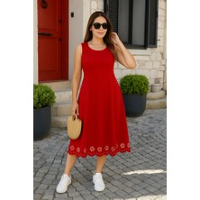 Demir Grup cc Kadın Kolsuz Etek Ucu Lazer Kesim çiçek Desenli Midi Boy Ithal Krep Elbise