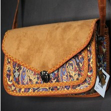 Pujiva -Büyük Boy-Etnik Desenli, Fermuarlı, Kilitli, Desenli, Suet Kapaklı El ve Omuz Askılı Çanta