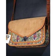 Pujiva -Büyük Boy-Etnik Desenli, Fermuarlı, Kilitli, Desenli, Suet Kapaklı El ve Omuz Askılı Çanta