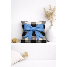 Ases Design 3D Mavi Fiyonk Detaylı Ekose Desenli Dekoratif Kırlent Kılıfı (45X45 Cm)