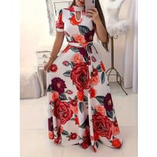 Demir Grup cc Kadın Kısa Kollu Pencere Detay Gül Baskılı Tam Boy Kiloş Elbise