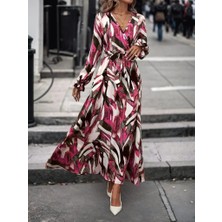 Demir Grup cc Kadın Uzun Kollu Kruvaze Yaka Belden Kuşaklı Desenli Süprem Elbise