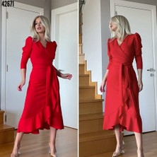 Demir Grup cc Krep Kumaş Midi Boy Kuşaklı Uzunkol Elbise