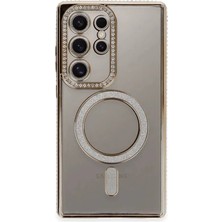 Zipax Samsung Galaxy S24 Ultra Uyumlu Kılıf M-Safe Şarj Özellikli Simli Taşlı Azn-Joketaşlı