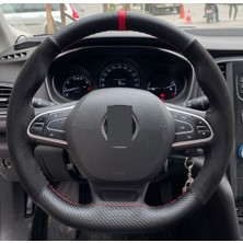 Renault Clıo 3 Uyumlu Özel Kombinsüet Karbon Kırmızı Yüzüklü Dikmeli Deri Direksiyon Kılıfı