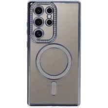 Zipax Samsung Galaxy S24 Ultra Uyumlu Kılıf M-Safe Şarj Özellikli Simli Taşlı Azn-Joketaşlı