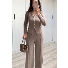 Butik Kadın Triko Ikili Takım Düğmeli Hırka ve Yüksek Bel Palazzo Pantolon