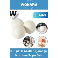 Wonara Doğal Yünlü Kırışıklık Azaltan Hızlı Kuruyan Sürtünme Önleyici 3’lü Çamaşır Kurutma Topu Seti