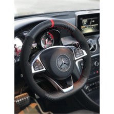 Kırmızı Yüzüklü Nubuk-Karbon Deri Direksiyon Kılıfı ve Araç Araba Seyahat Oto Deri Boyun Yastığı Set