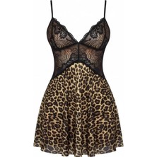 Biçomi Bicomi Özel Tasarım Leopar Desenli Ince Askılı Dantel Işlemeli Göğüs Dekolteli Mini Gecelik