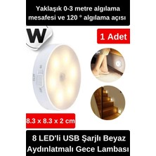 Wonara Özel Tasarım Mıknatıslı 3 Modlu Hareket Sensörlü 8 Led'li USB Şarjlı Beyaz Aydınlatmalı Gece Lambası