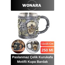 Wonara Özel Tasarım Sevgili Arkadaş Şık ve Dekoratif Hediyelik Paslanmaz Çelik Kurukafa Motifli Kupa Bardak