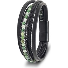 Moncuk Design Yeşil Akik Doğaltaş ve Siyah Çoklu Deri Bileklik 33512B9D26