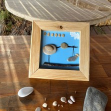 Husta Aksesuar Doğum  Tarihi Yazılabilen Yeni Doğan Bebek Hediyesi - Doğal Taş Tasarımlı Leylek Figürlü Mavi & Ahşap ÇERÇEVE-20X21 cm