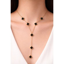 Saros Teknoloji Siyah Mineli Sekiz Yoncalı Y Kolye - Çelik
