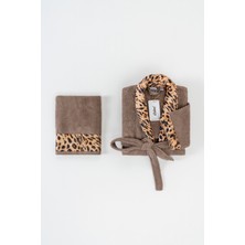 Ellaline Leopar Desenli Bornoz Takımı %100 Pamuk Sertifikalı, 2 Parça, Bej Renk