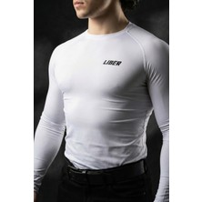 Liber Premium Uzun Kollu Compression T-Shirt - Beyaz Sporcu Tişörtü - Muscle Fit Vücudu Saran