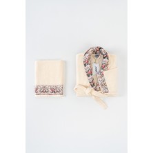 Ellaline Fıore Çiçek Desenli Bornoz Takımı %100 Pamuk Sertifikalı, 2 Parça, Krem Renk