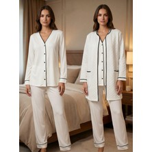 Dvina Effortt Lohusa Sabahlıklı Uzun Kollu Pijama Takımı Ekru - 7079