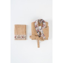 Ellaline Fıore Çiçek Desenli Bornoz Takımı %100 Pamuk Sertifikalı, 2 Parça, Bej Renk