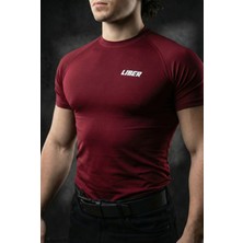 Liber Premium Compression T-Shirt - Bordo Sporcu Tişörtü - Gym & Fitness Muscle Fit Vücudu Saran