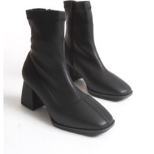 LUQSE Kadın Siyah Streç Kare Burun Topuklu Bilek Botu | Fermuarlı Şık Günlük Bot