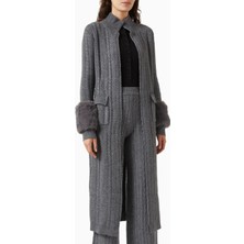 Izaak Azanei Faux Cuff Long Cardigan, Gri Şık ve Lüks Kadın Uzun Triko Hırka