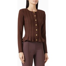 Elisabetta Franchi Peplum Viscose Triko Cardigan, Logo Düğmeli Şık Lüks Kadın Hırka