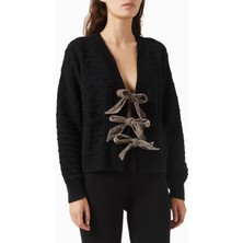 Izaak Azanei Velvet Bow Cardigan, Siyah Şık ve Lüks Kadın Triko Hırka