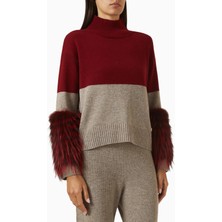 Izaak Azanei Half-Half Cuff Sweater, Kırmızı Lüks Triko Faux Kürk Detaylı Kazak
