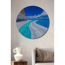 Teona Ahşap Tropik Mavi Dalgalı Sahil Yağlı Boya Görünümlü Ahşap Dekoratif Tablo Yuvarlak Duvar Tablosu