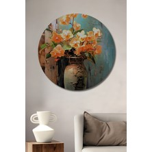 Teona Ahşap Turuncu Orkide Buketi Yağlı Boya Görünümlü Ahşap Dekoratif Tablo Yuvarlak Duvar Tablosu