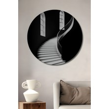 Teona Ahşap Dramatik Kıvrımlı Merdiven Siyah Beyaz Sanat Ahşap Dekoratif Tablo Yuvarlak Duvar Tablosu