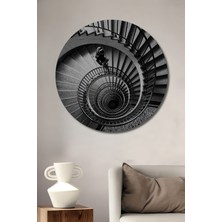 Teona Ahşap Spiral Merdiven Siyah Beyaz Sanat Tablosu Ahşap Dekoratif Tablo Yuvarlak Duvar Tablosu