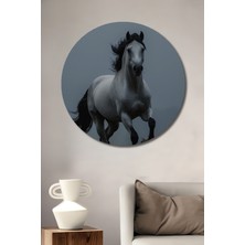 Teona Ahşap Asil Beyaz At Yağlı Boya Görünümlü Dekoratif Ahşap Tablo Yuvarlak Duvar Tablosu