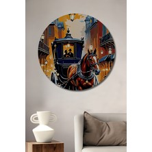 Teona Ahşap At Arabalı Şehir Manzarası Sulu Boya Görünümlü Ahşap Dekoratif Tablo Yuvarlak Duvar Tablosu