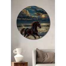 Teona Ahşap Koyu Kahve Atlara Dolunay Manzaralı Dijital Sanat Ahşap Tablo Yuvarlak Duvar Tablosu
