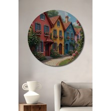 Teona Ahşap Renkli Evler Rüyası Sulu Boya Görünümlü Ahşap Dekoratif Tablo Yuvarlak Duvar Tablosu