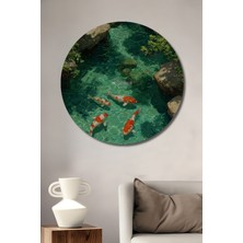 Teona Ahşap Canlı Koi Balıklı Berrak Su Döküntülü Doğal Manzara Ahşap Dekoratif Tablo Yuvarlak Duvar Tablosu